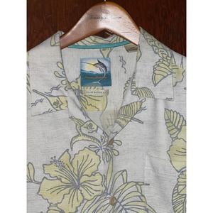 TOMMY BAHAMA SHIRT FLORAL & MARLIN PRINT SILK CAMP BEIGE YELLOW MEDIUM M